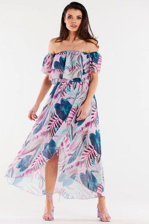 Jupe longue fluide à motifs floraux dans les tons rose et bleu, idéale pour un style bohème élégant, disponible sur jupe-longue-fleurie-fluide.