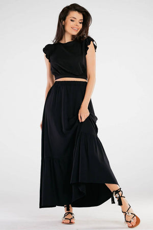 Jupe longue fluide noire pour femme, coupe asymétrique tendance et élégante, parfaite pour un look chic.