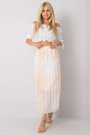 Jupe longue fluide beige à rayures transparentes pour un style élégant et décontracté.