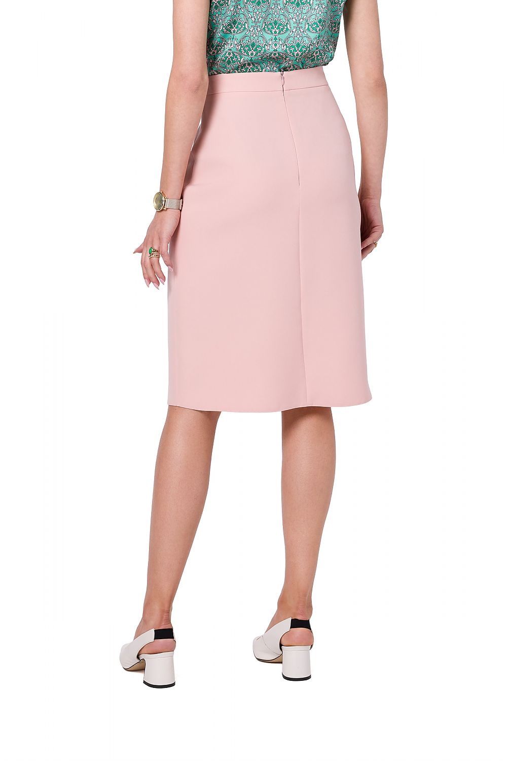 Jupe rose midi droite élégante pour femme, style sobre et chic pour bureau ou sortie.