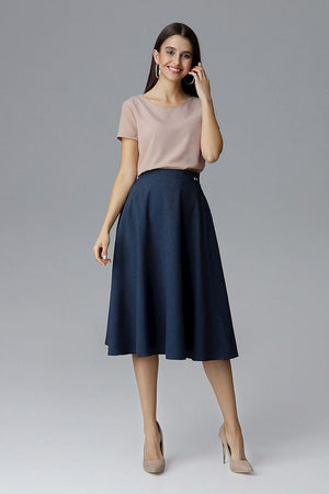 Jupe midi évasée bleue taille haute pour femme, élégante jupe mi-longue idéale pour bureau ou sortie.