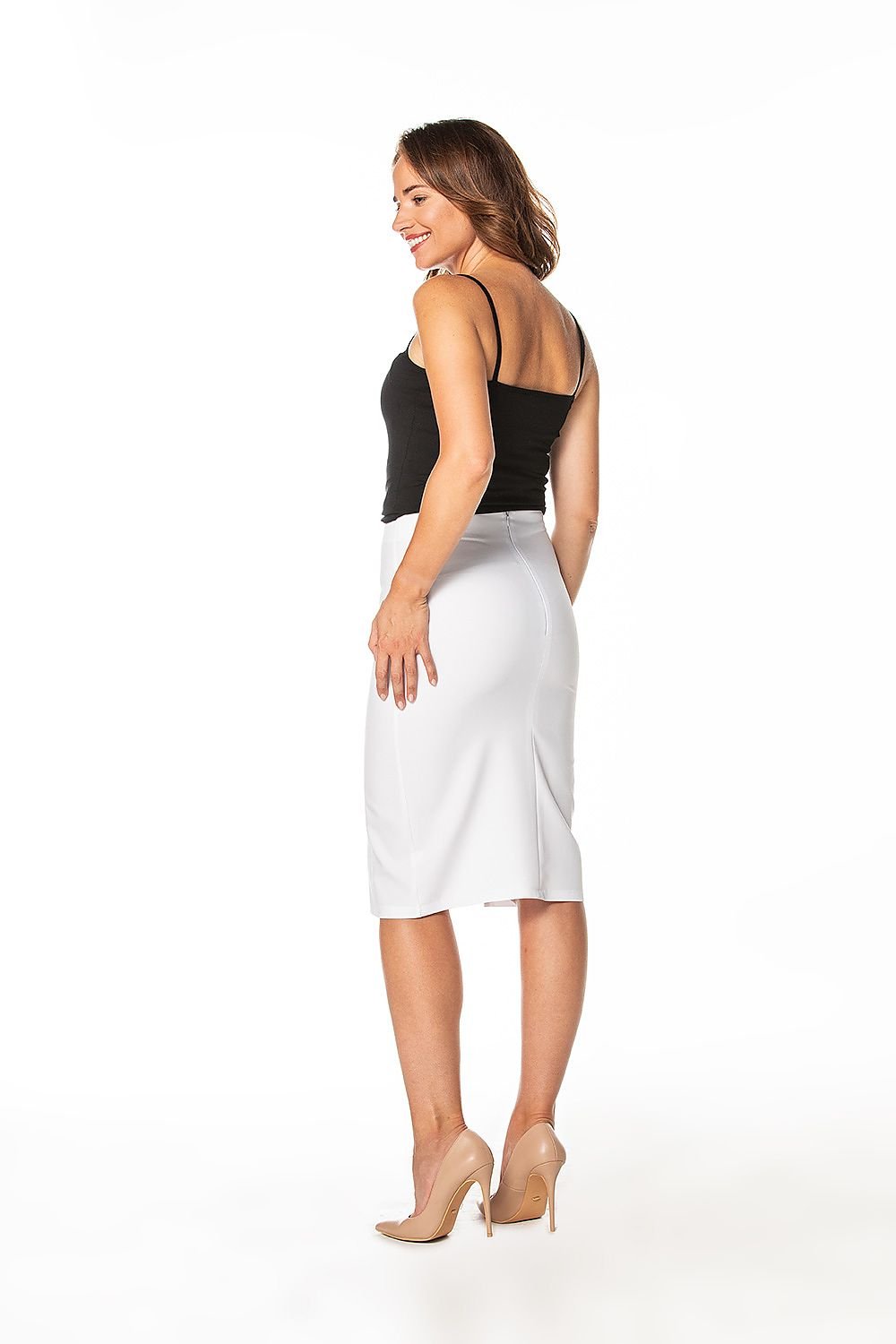 Jupe blanche fendue midi, idéale pour un look chic et moderne, parfaite pour le bureau ou sorties.