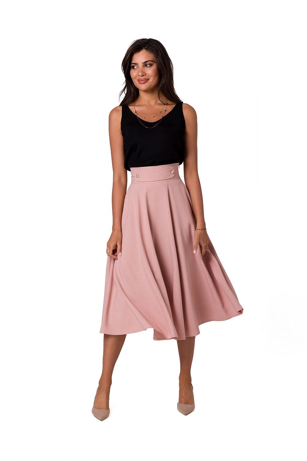 Jupe midi taille haute rose en tissu fluide avec coupe évasée et ceinture assortie, idéale pour une tenue élégante.