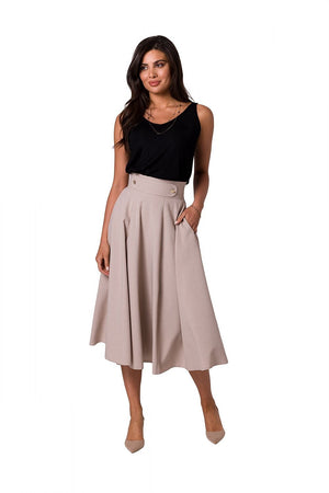 Jupe midi beige taille haute évasée élégante pour tenue chic et féminine, idéale pour bureau ou sorties.